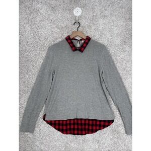 J.CREW Sweater Women M Woven-Collar Pullover NEW Check Plaid Gray AF729‎
